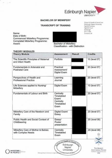 Napier University Transcript